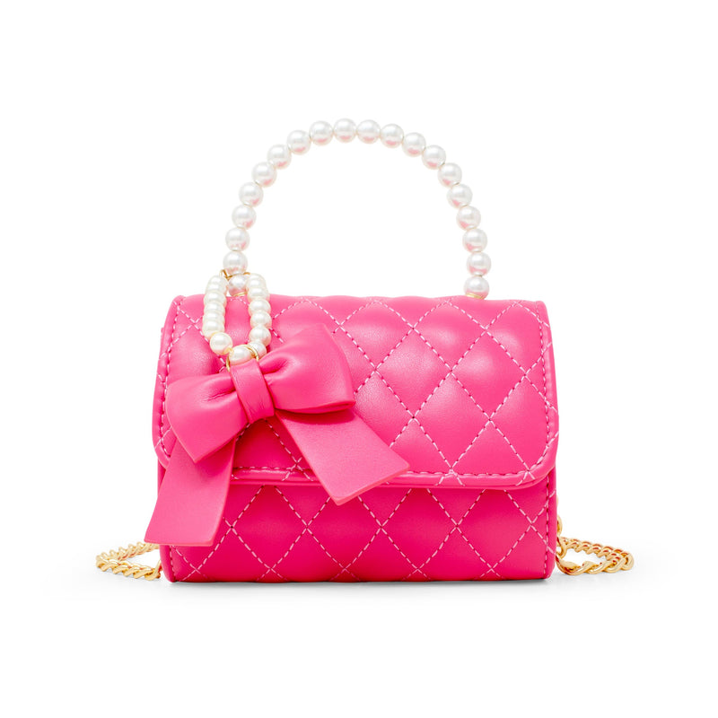 Quilted Pearl Handle Bow Ribbon Handbag- Red