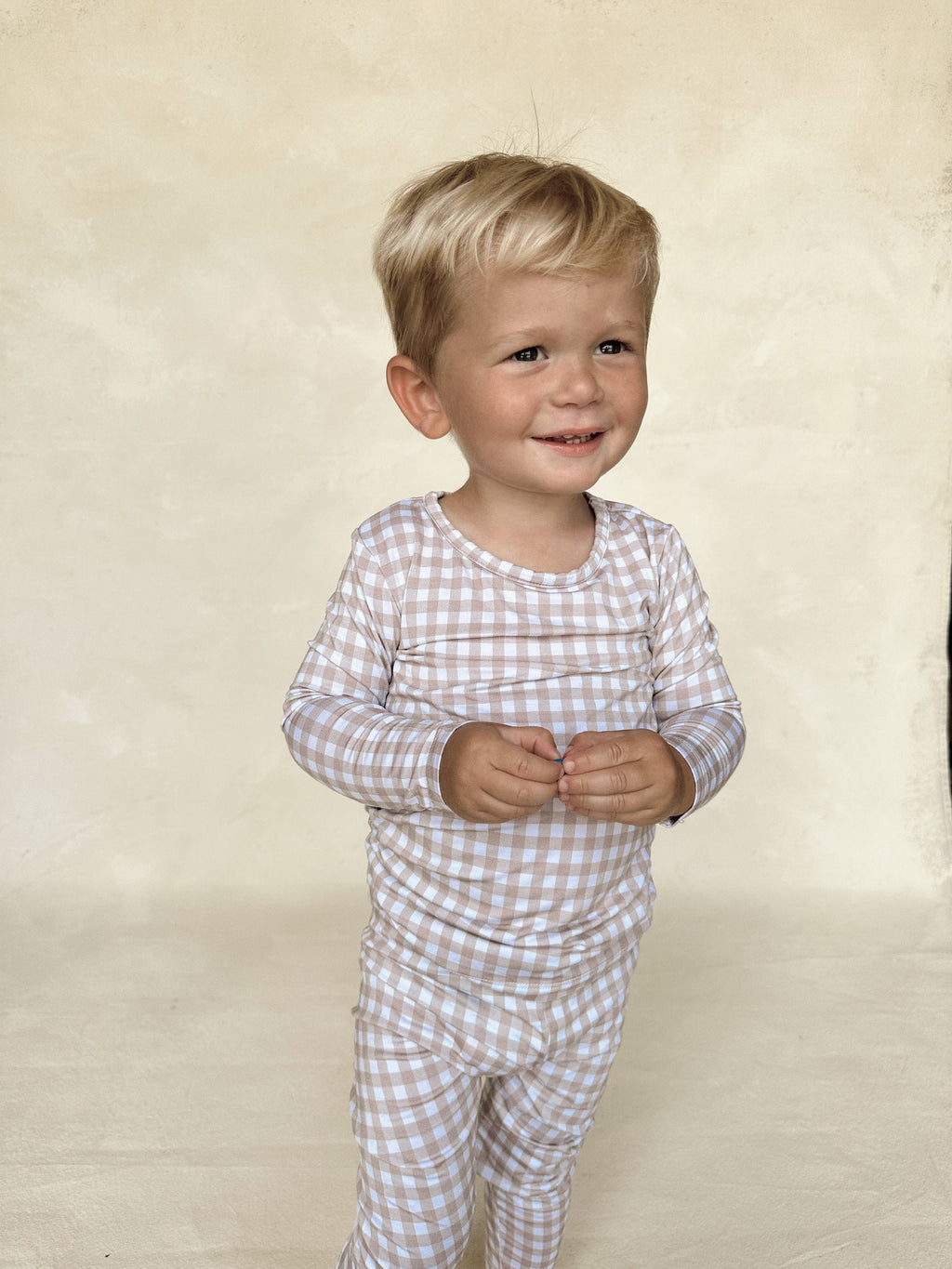 Taupe Gingham Two Piece Pajamas