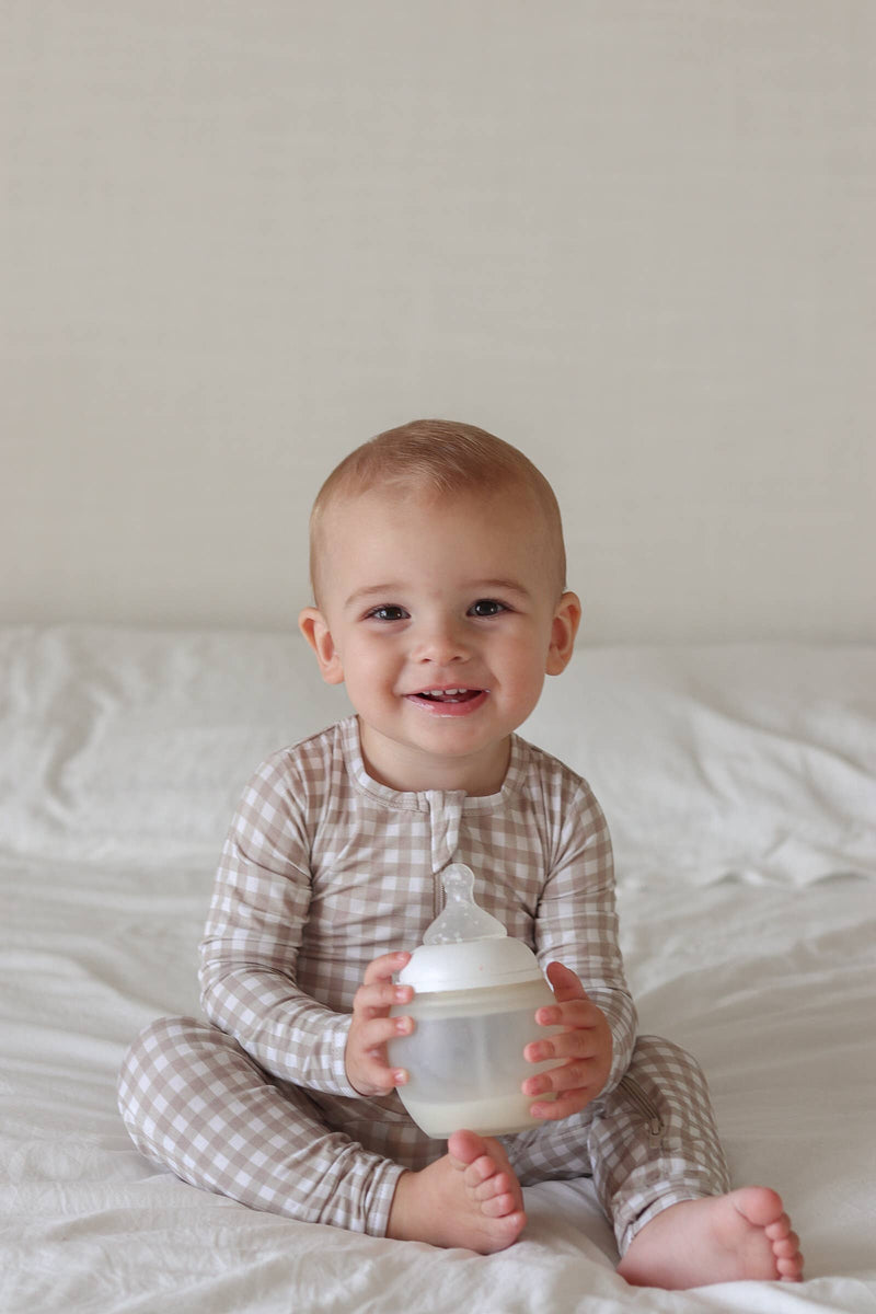 Taupe Gingham Double Zip Romper