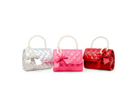 Quilted Pearl Handle Bow Ribbon Handbag- Red