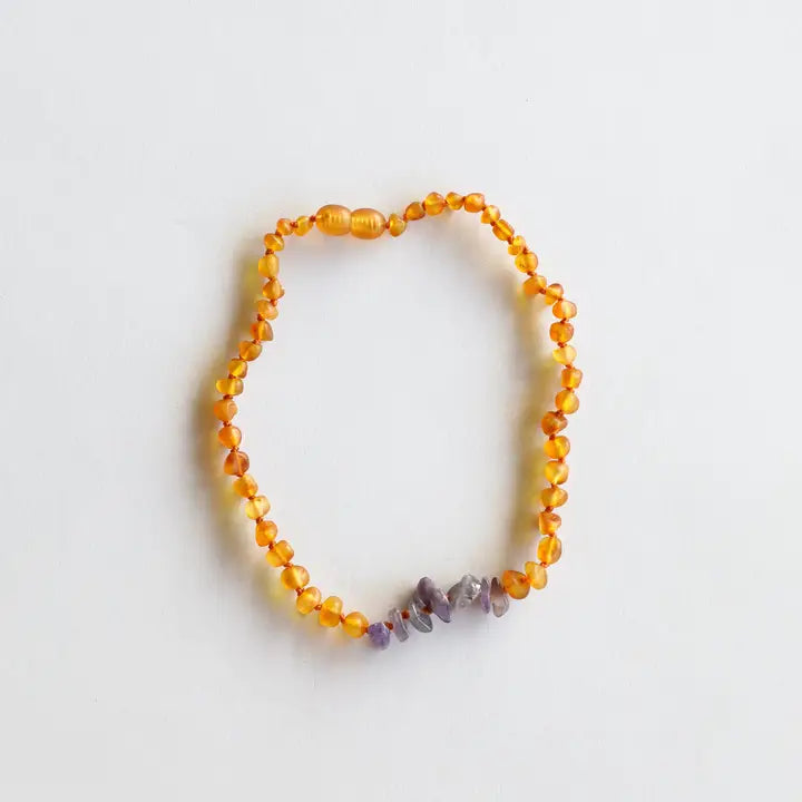 Raw Honey Amber + Raw Amethyst - Baltic Amber Necklace