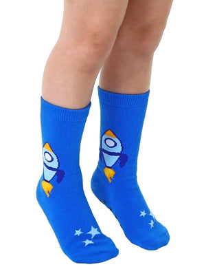 3D Packaged Crew Socks - Kids - Rocket Ship in Space - Blue