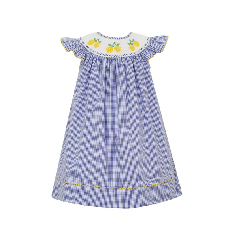 Lemon Smocked Blue Gingham Seersucker Angel Wing Bishop Dress