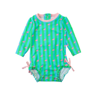 Neon Flamingo Stripe - Girls Long Sleeve Rash Guard One Piece