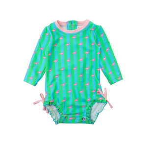 Neon Flamingo Stripe - Girls Long Sleeve Rash Guard One Piece