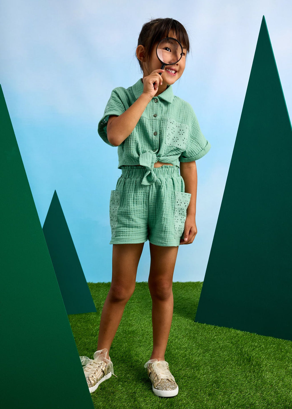 Button & Tie Mint Shirt & Shorts Set