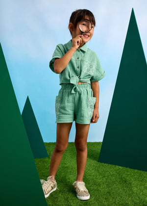 Button & Tie Mint Shirt & Shorts Set