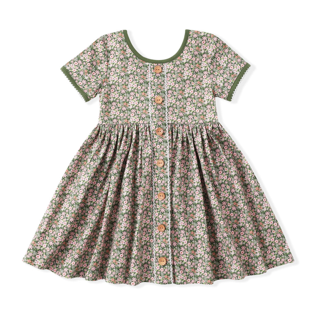 Floral dress with buttons on a white background