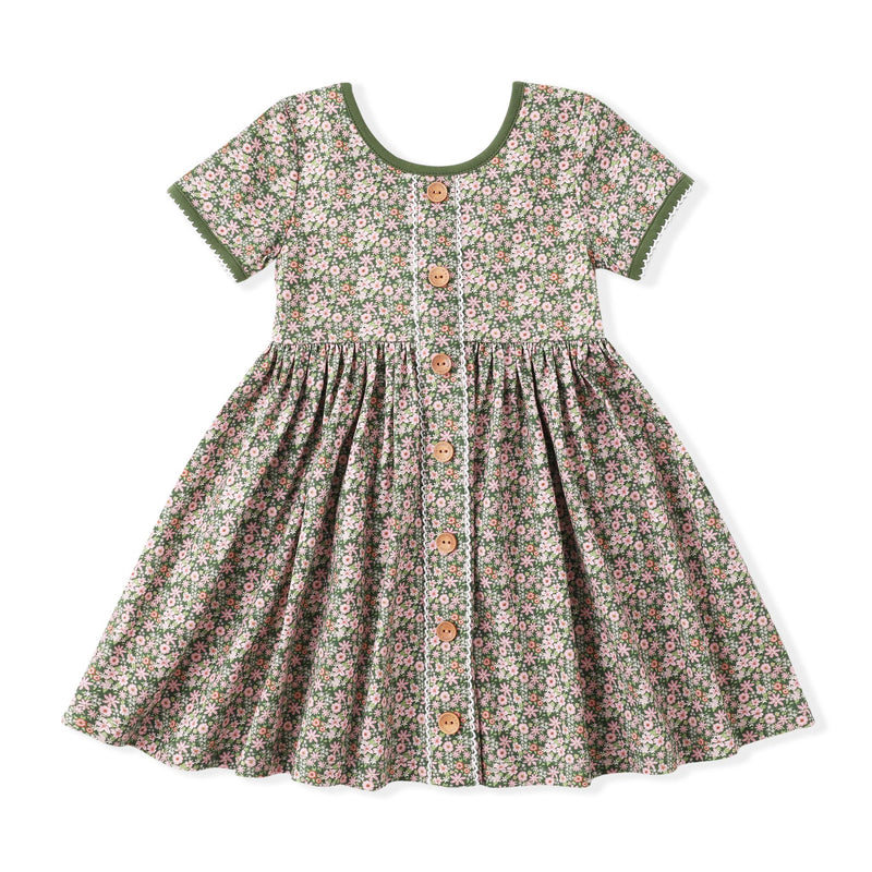 Floral dress with buttons on a white background