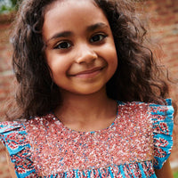 Girls Fiona Ruffle Dress - Blue Paisley