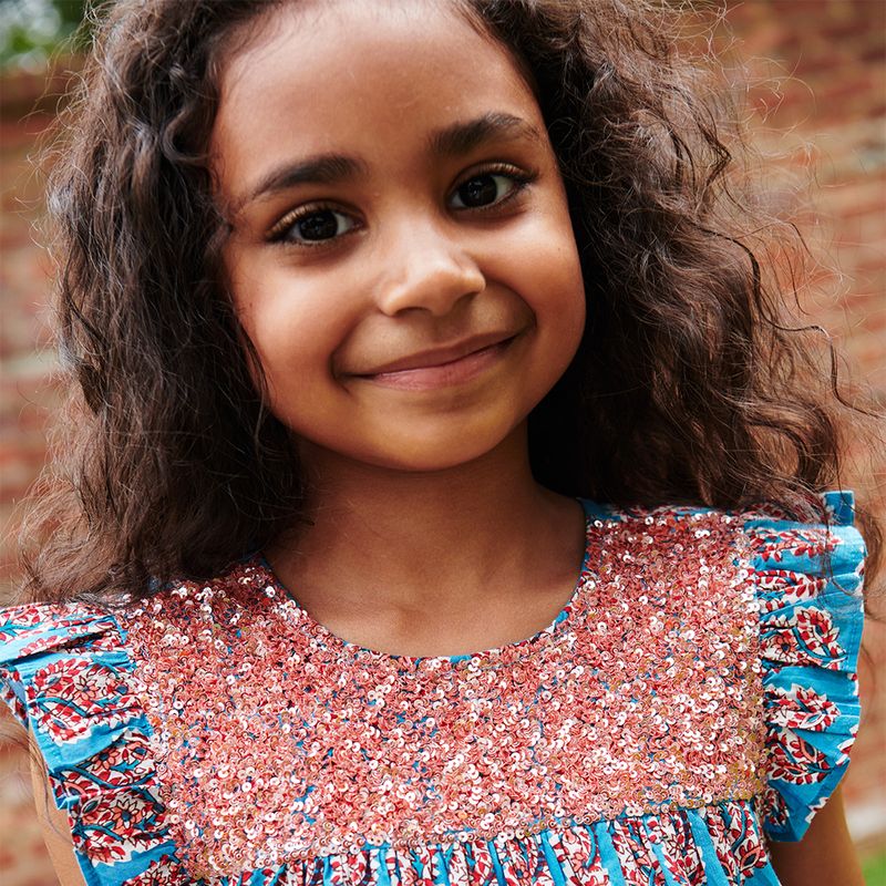 Girls Fiona Ruffle Dress - Blue Paisley