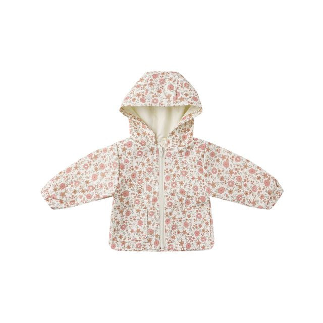 Floral-patterned children's raincoat on a white background