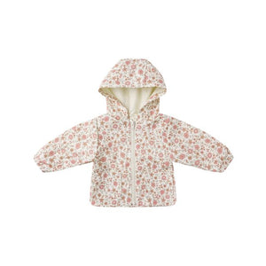 Floral-patterned children's raincoat on a white background