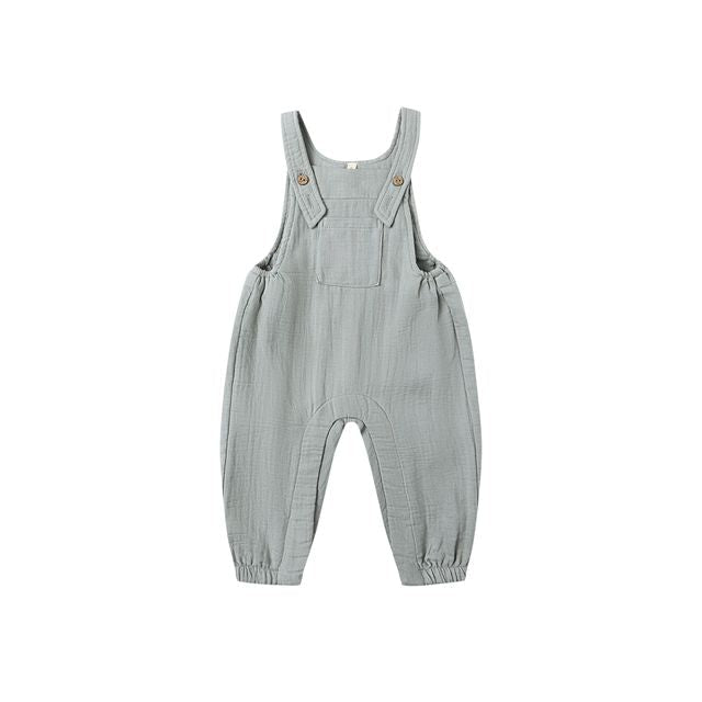 steel blue baby overalls on a white background
