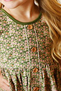 Green Floral Button Moonstitch Dress