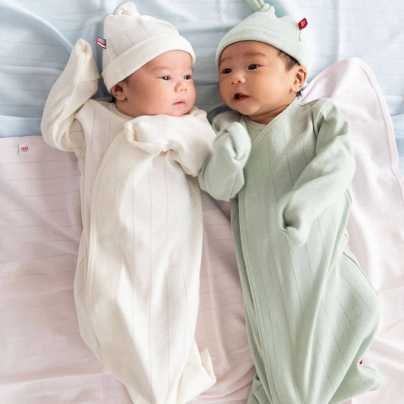 Love Lines - Seagrass - Organic Cotton Pointelle Magnetic Cozy Sleeper Gown & Hat Set