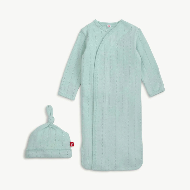 Love Lines - Seagrass - Organic Cotton Pointelle Magnetic Cozy Sleeper Gown & Hat Set