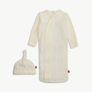 Love Lines - Tofu - Organic Cotton Pointelle Magnetic Cozy Sleeper Gown & Hat Set