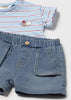 Dog Applique Stripe Top & Denim Short Set