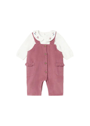 Pink Overall & Floral Embroidered Collar Shirt