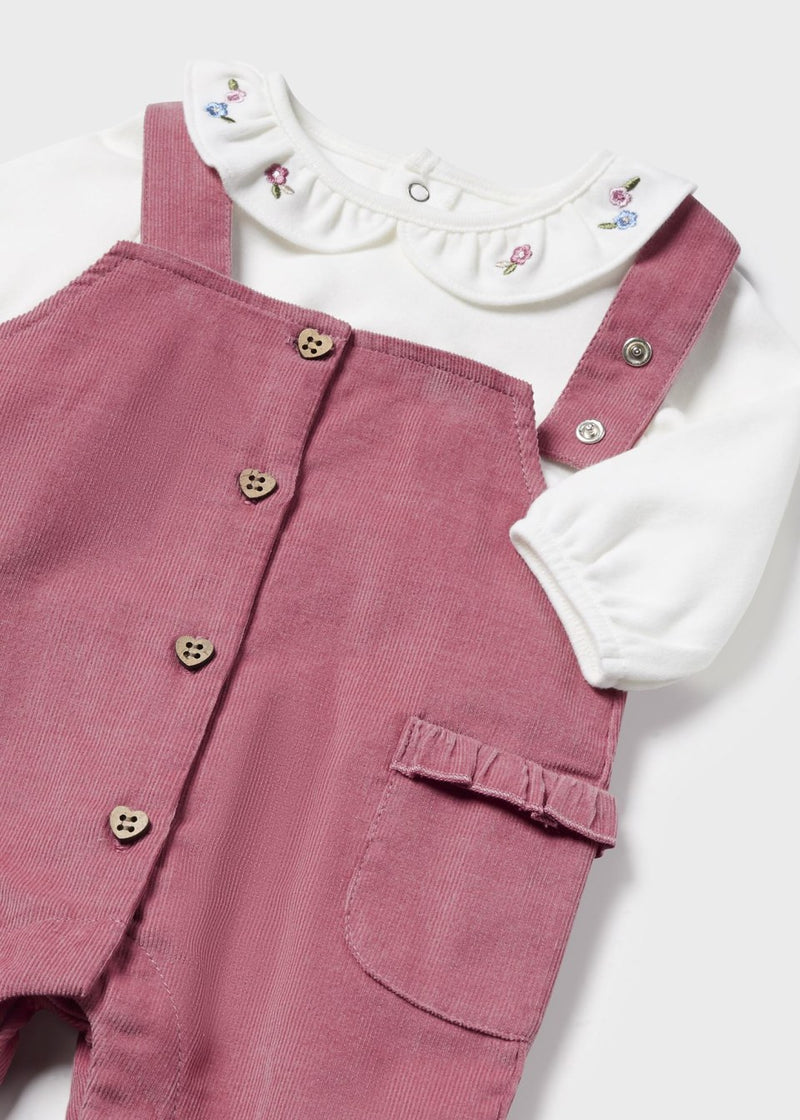 Pink Overall & Floral Embroidered Collar Shirt