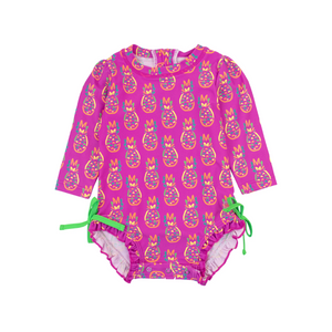 Neon Violet Pineapples - Girls Long Sleeve Rash Guard One Piece
