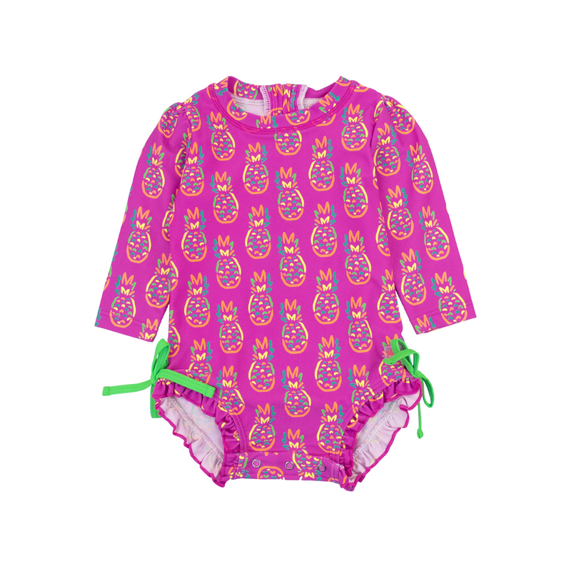 Neon Violet Pineapples - Girls Long Sleeve Rash Guard One Piece