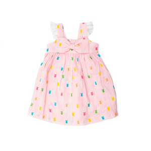 Pink Bunny Stripe - Cotton Gauze Flutter Bow Woven Dress