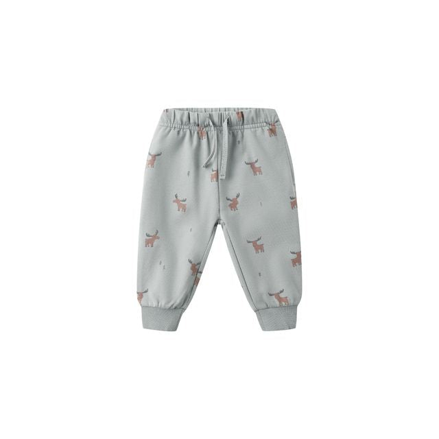 Light blue children's jogger pants with moose pattern on a white background