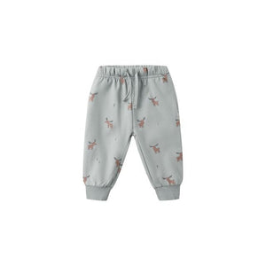 Light blue children's jogger pants with moose pattern on a white background