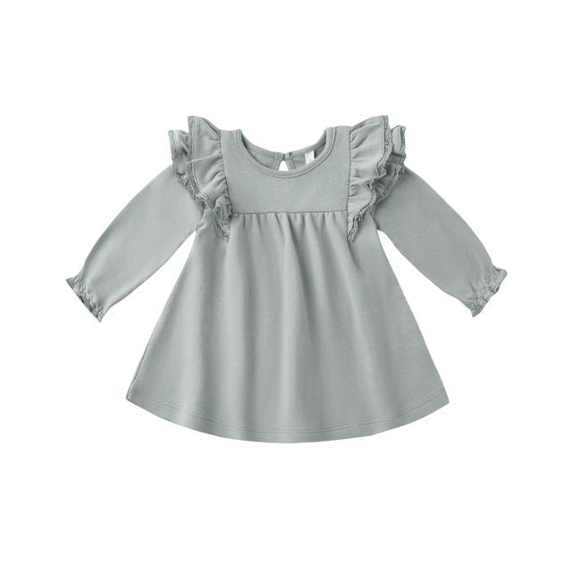 Long Sleeve Flutter Dress - Steel Blue