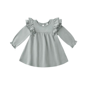 Long Sleeve Flutter Dress - Steel Blue