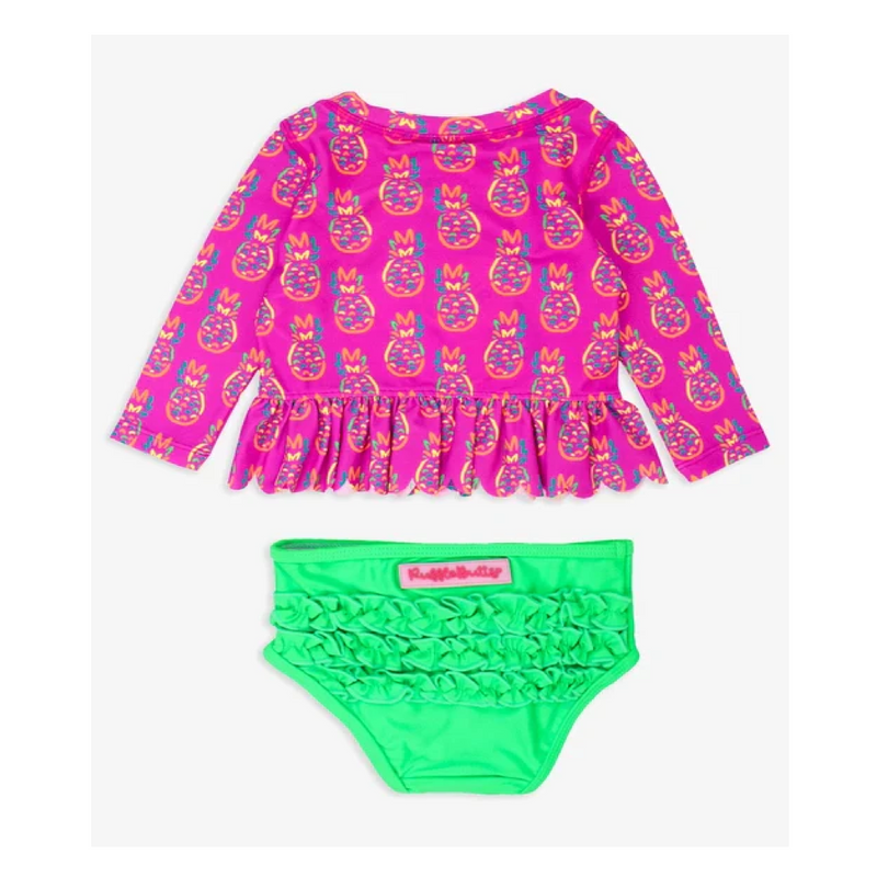 Neon Violet Pineapples - Scalloped Long Sleeve Rash Guard 2-Piece