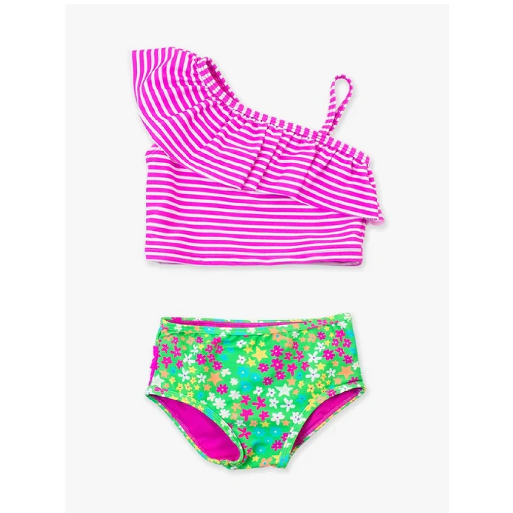 Neon Floral - One Shoulder Ruffle Tankini