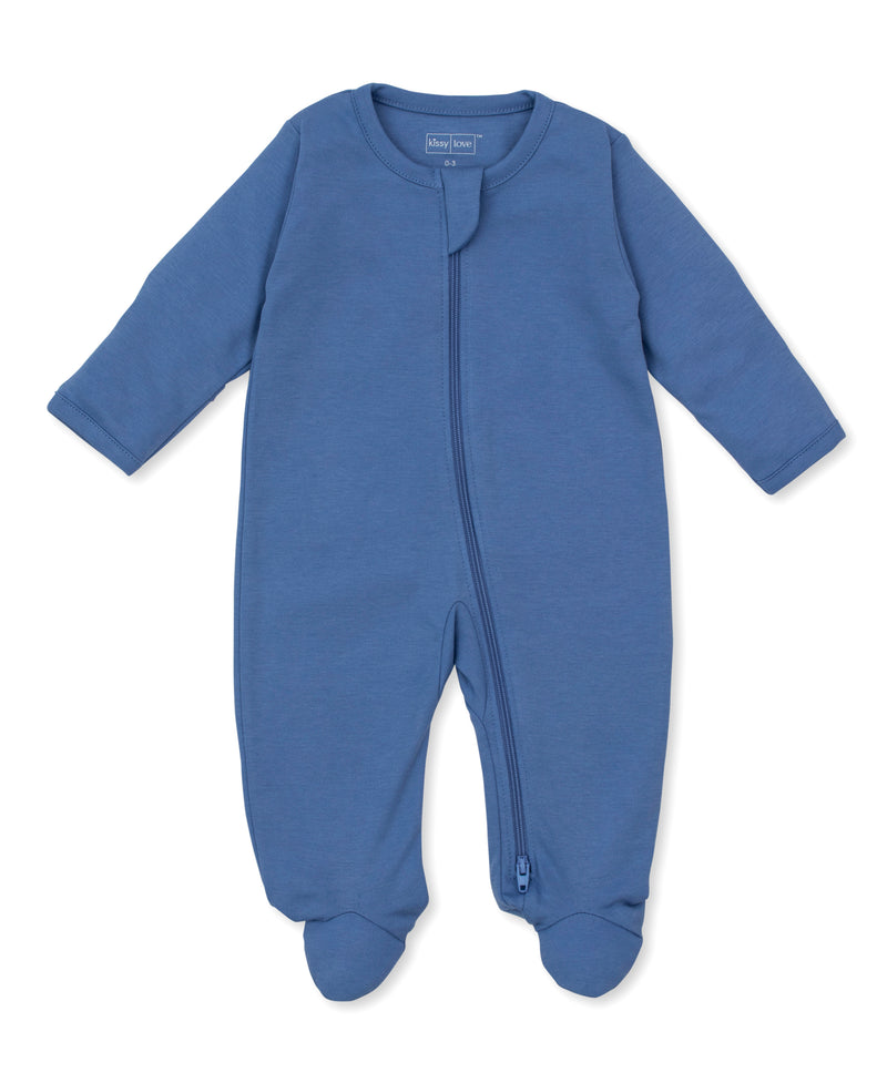 Blue Solid Zipper Footie