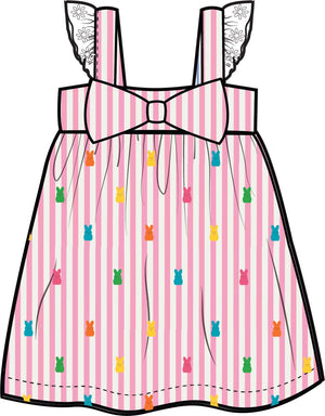 Pink Bunny Stripe - Cotton Gauze Flutter Bow Woven Dress