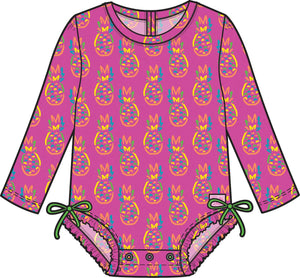 Neon Violet Pineapples - Girls Long Sleeve Rash Guard One Piece