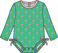 Neon Flamingo Stripe - Girls Long Sleeve Rash Guard One Piece