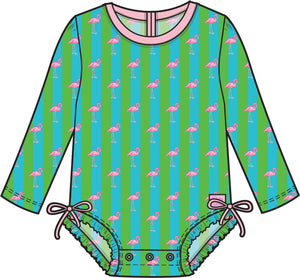 Neon Flamingo Stripe - Girls Long Sleeve Rash Guard One Piece