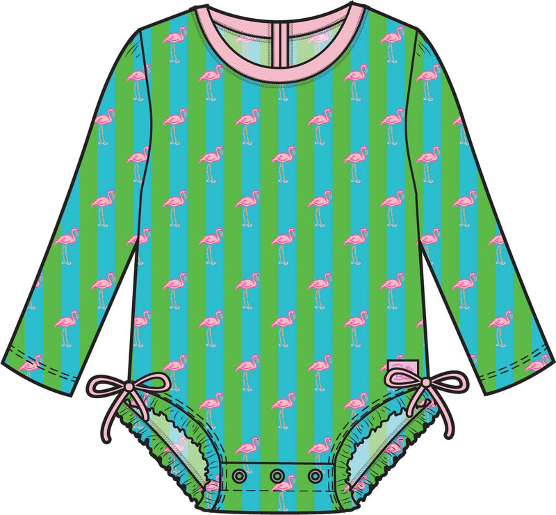 Neon Flamingo Stripe - Girls Long Sleeve Rash Guard One Piece