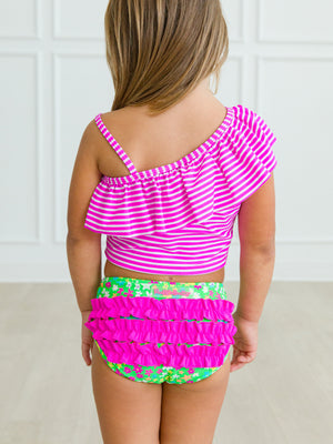 Neon Floral - One Shoulder Ruffle Tankini