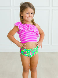 Neon Floral - One Shoulder Ruffle Tankini