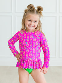 Neon Violet Pineapples - Scalloped Long Sleeve Rash Guard 2-Piece