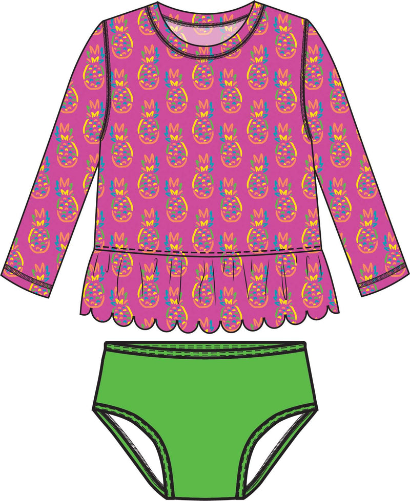 Neon Violet Pineapples - Scalloped Long Sleeve Rash Guard 2-Piece