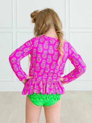 Neon Violet Pineapples - Scalloped Long Sleeve Rash Guard 2-Piece