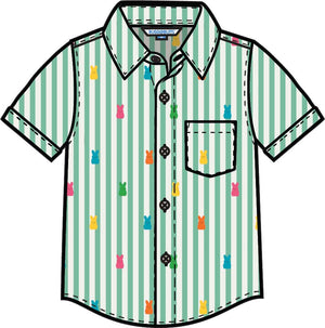 Green Bunny Stripe - Cotton Gauze Short Sleeve Button Down Shirt