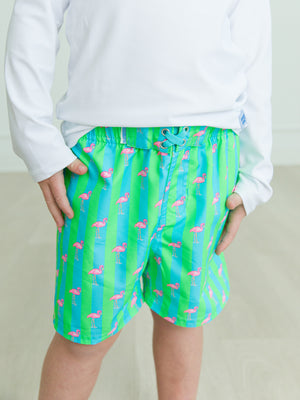 Neon Flamingo Stripe - Swim Trunks