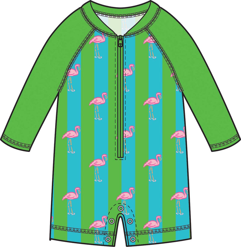 Neon Flamingo Stripe - Boys Long Sleeve One Piece Rash Guard