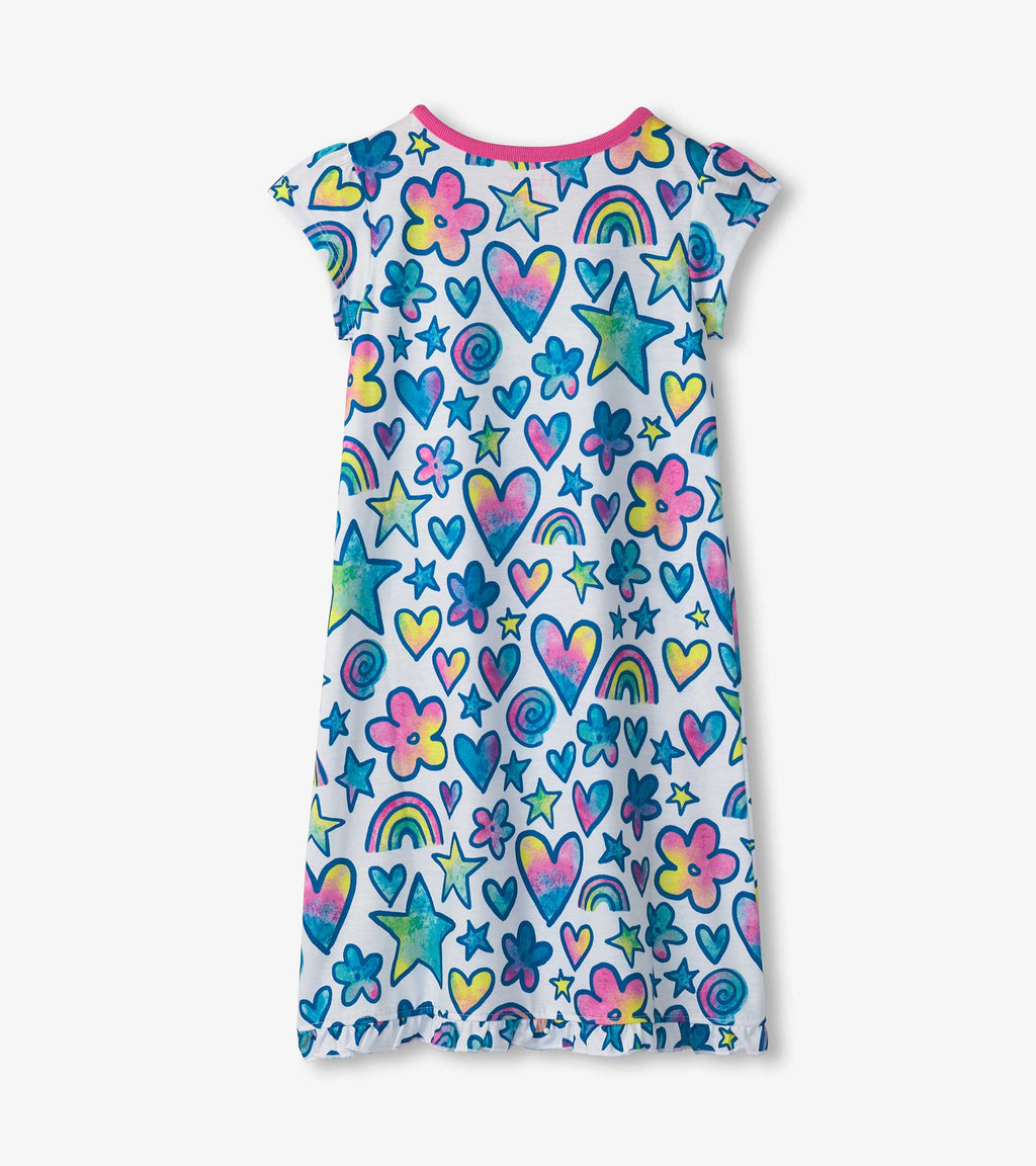 Watercolor Doodles Ruffle Hem Short Sleeve Night Dress