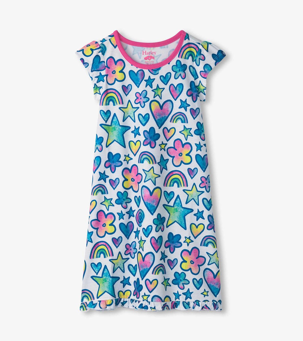 Watercolor Doodles Ruffle Hem Short Sleeve Night Dress